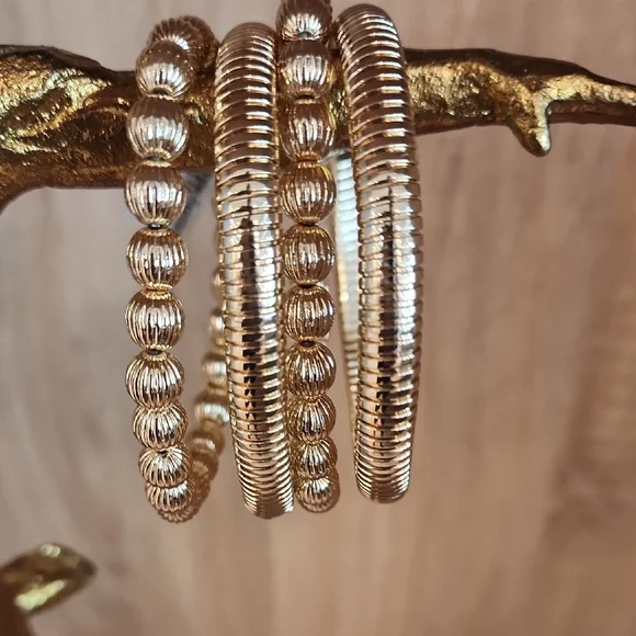 Women's Textured Beaded Gold Ribbed Stretch Water-Resistant Bracelets Set of 4 - Picture 2 of 6